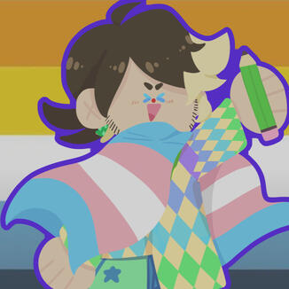 A drawing of Ned with a trans cape and aroace flag background.